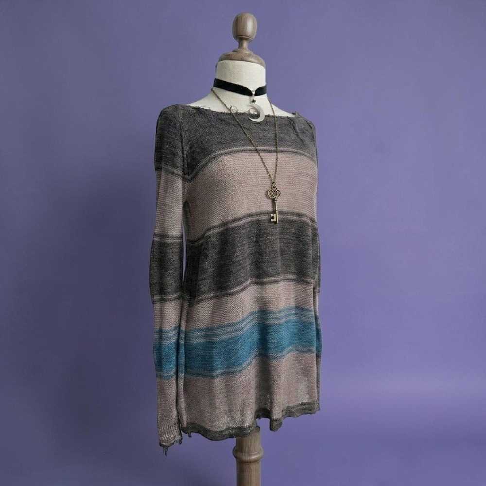 Free People Striped Tunic Sweater Grey Teal Distressed Knit Boho Small - Picture 1 of 11